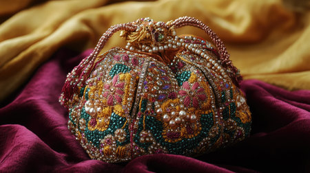 A beautifully crafted Indian potli bag, embroidered with beads and sequins, placed on a velvet cloth.の素材