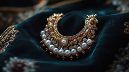 A close-up of a traditional Indian nose ring (nath) placed on a velvet cloth, with pearls and diamonds.の素材