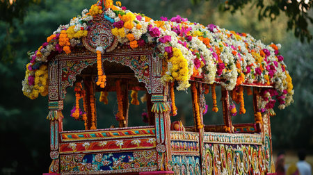 A beautifully decorated Indian palanquin (palki), ready for entry, with intricate designs and flowers.の素材