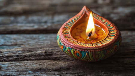 A beautifully decorated clay diya lamp, lit and placed on a wooden surface during Diwali.の素材