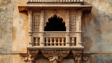 A beautifully carved sandstone jharokha (balcony) on the facade of an ancient Indian fortの素材