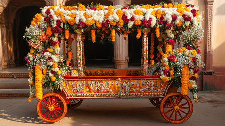 A beautifully decorated Indian palanquin (palki), ready for entry, with intricate designs and flowers.の素材