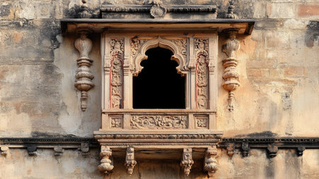 A beautifully carved sandstone jharokha (balcony) on the facade of an ancient Indian fortの素材