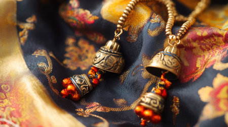 A close-up of a traditional Indian anklet with ghungroos (bells), placed on a silk cloth.の素材