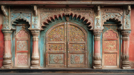 A beautifully painted Indian door with intricate carvings, representing traditional architecture.の素材