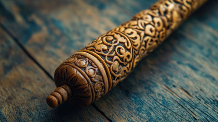 A close-up of a traditional Indian kohl (kajol) stick with intricate carvings, placed on a wooden surface.の素材