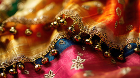 A close-up of traditional Indian anklets (payal) with tiny bells, placed on a silk cloth.の素材