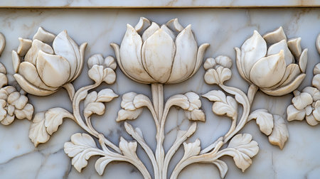 A close-up of the detailed floral motifs on the marble walls of the Lotus Temple in Delhi.の素材