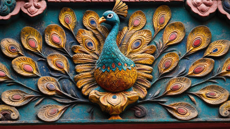 A close-up of the detailed peacock motif on a traditional Indian temple ceiling.の素材