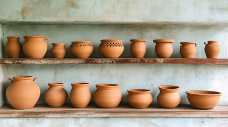 A collection of Indian clay pots and utensils, arranged neatly on a kitchen shelf.の素材
