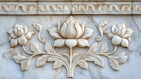 A close-up of the detailed floral motifs on the marble walls of the Lotus Temple in Delhi.の素材