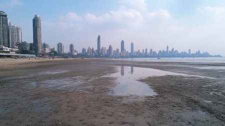 A deserted Chowpatty Beach during low tide, with skyline visible in the background.の素材