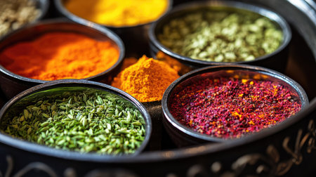 A close-up of a traditional Indian spice box (masala dabba) with compartments filled with vibrant spices.の素材