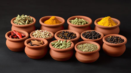 A collection of traditional Indian spices like turmeric, cumin, and cardamom arranged in small clay bowls.の素材