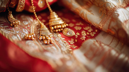 A close-up of traditional Indian anklets (payal) with tiny bells, placed on a silk cloth.の素材