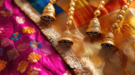 A close-up of traditional Indian anklets (payal) with tiny bells, placed on a silk cloth.の素材