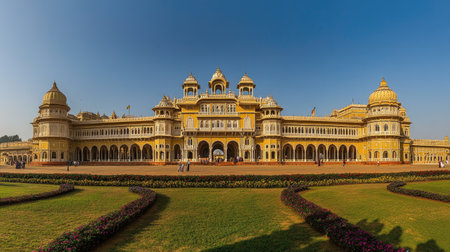A panoramic view of the majestic Mysore Palace, with its grand arches and domes.の素材