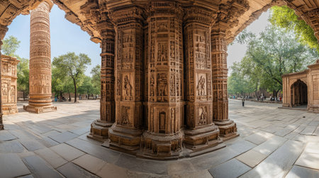 A panoramic view of the Qutub Minar, showcasing its towering height and detailed carvings.の素材