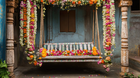 A decorated swing or jhula, adorned with flowers and garlands, in a traditional Indian home.の素材