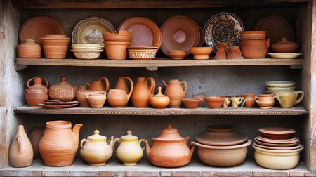 A collection of Indian clay pots and utensils, arranged neatly on a kitchen shelf.の素材
