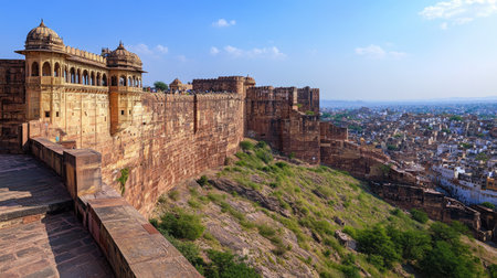 A panoramic view of the Mehrangarh Fort in Jodhpur, with its towering walls and intricate architecture.の素材