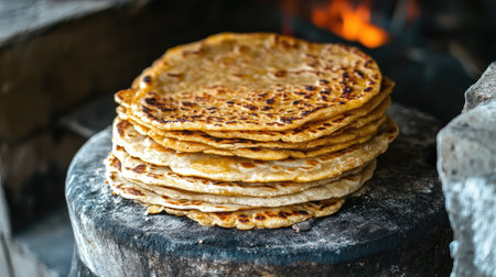 A stack of freshly made rotis on a traditional Indian clay stove (tandoor), with golden brown edges.の素材