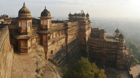 A panoramic view of the Gwalior Fort, with its grand architecture and intricate stone work.の素材