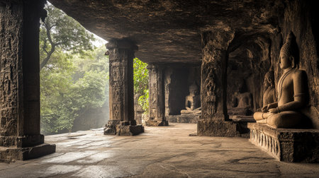 A peaceful moment at the Kanheri Caves in Mumbai, with ancient Buddhist rock-cut structures.の素材