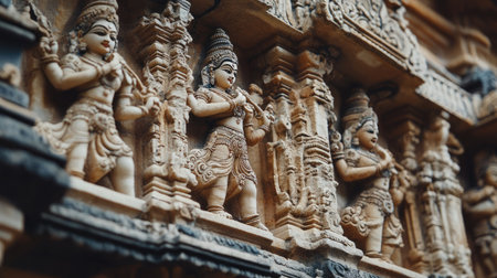 A detailed view of the carved stone panels depicting dancers and musicians on an Indian temple.の素材