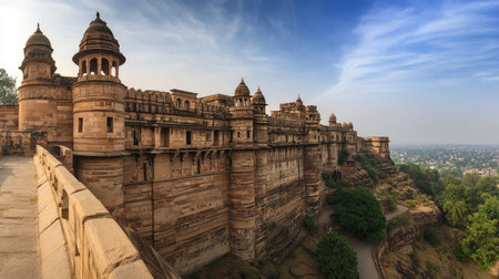 A panoramic view of the Gwalior Fort, with its grand architecture and intricate stone work.の素材