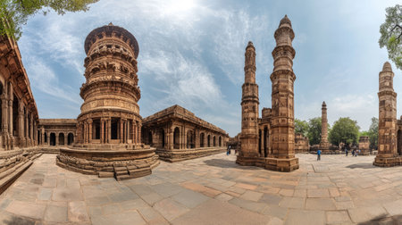 A panoramic view of the Qutub Minar, showcasing its towering height and detailed carvings.の素材