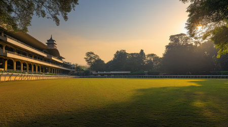 A quiet evening at the Mahalaxmi Racecourse, with the grandstand and track bathed in the golden hour light.の素材