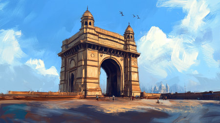 A quiet early morning at the Gateway of India, with the structure standing tall against the blue skyの素材