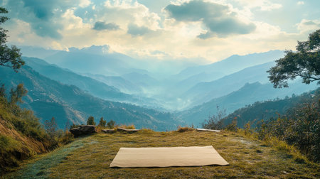 A peaceful yoga mat laid out on a hilltop in the Himalayas, overlooking a panoramic mountain view.の素材