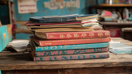 A stack of Indian textbooks and notebooks arranged on a wooden desk, reflecting traditional education.の素材