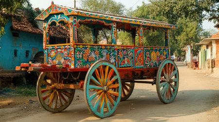 A traditional Indian bullock cart, painted in bright colors, parked by a village roadside.の素材