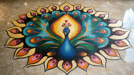 A traditional Indian peacock rangoli design created with colored powders on a marble floor.の素材
