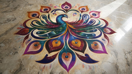 A traditional Indian peacock rangoli design created with colored powders on a marble floor.の素材