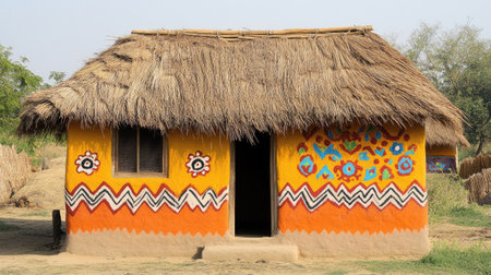 A traditional Indian village hut made of clay and thatch, with colorful patterns painted on the walls.の素材