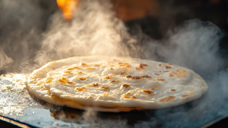 A traditional Indian roti puffing up on a hot griddle, with smoke and steam rising around it.の素材