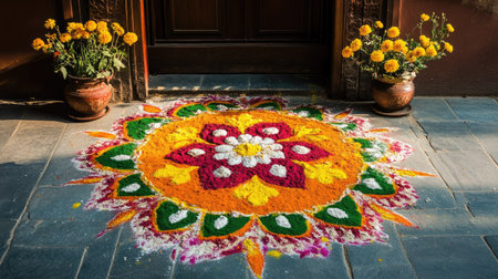 A traditional Indian rangoli design with flowers and colored powders, created in front of a house entrance.の素材
