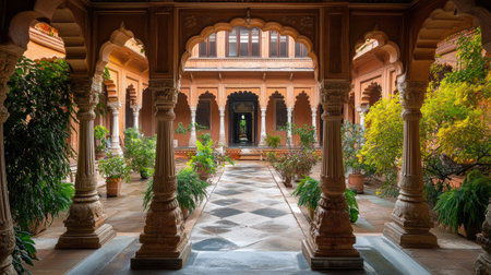 A traditional Indian courtyard surrounded by arched pillars and stone carvings.の素材