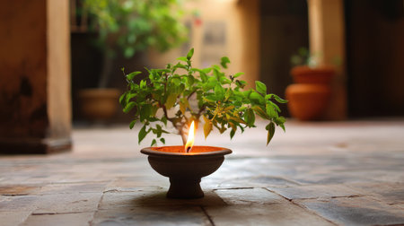 A traditional Indian tulsi plant with a small lamp burning in front of it, placed in a courtyard.の素材