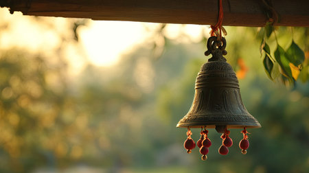 A traditional Indian temple bell hanging from a wooden frame, ready to be rung during a prayer ceremony.の素材
