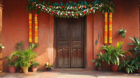 A traditional Indian house entrance with a toran (decorative garland) hanging above the door.の素材