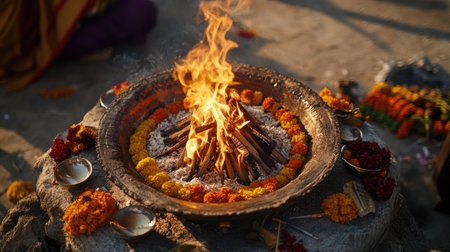 A view of a traditional Indian havan kund (fire pit) with offerings placed around it for a religious ceremony.の素材