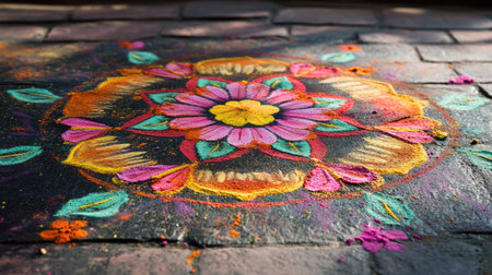 A traditional Indian rangoli design with flowers and colored powders, created in front of a house entrance.の素材