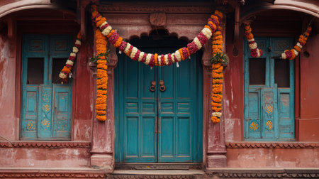A traditional Indian house entrance with a toran (decorative garland) hanging above the door.の素材