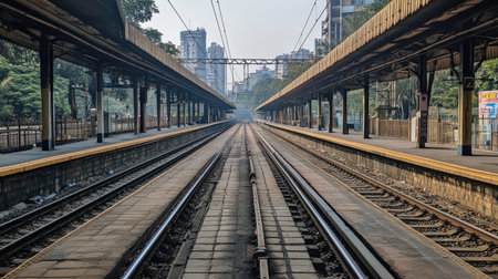 An empty local train station platform in Mumbai, with the tracks stretching out into the distance.の素材