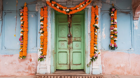 A traditional Indian house entrance with a toran (decorative garland) hanging above the door.の素材